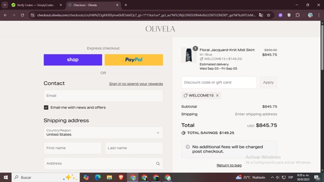Olivela checkout page showing Olivela promo code box | Screenshot taken by SimplyCodes community member on Aug 30, 2025