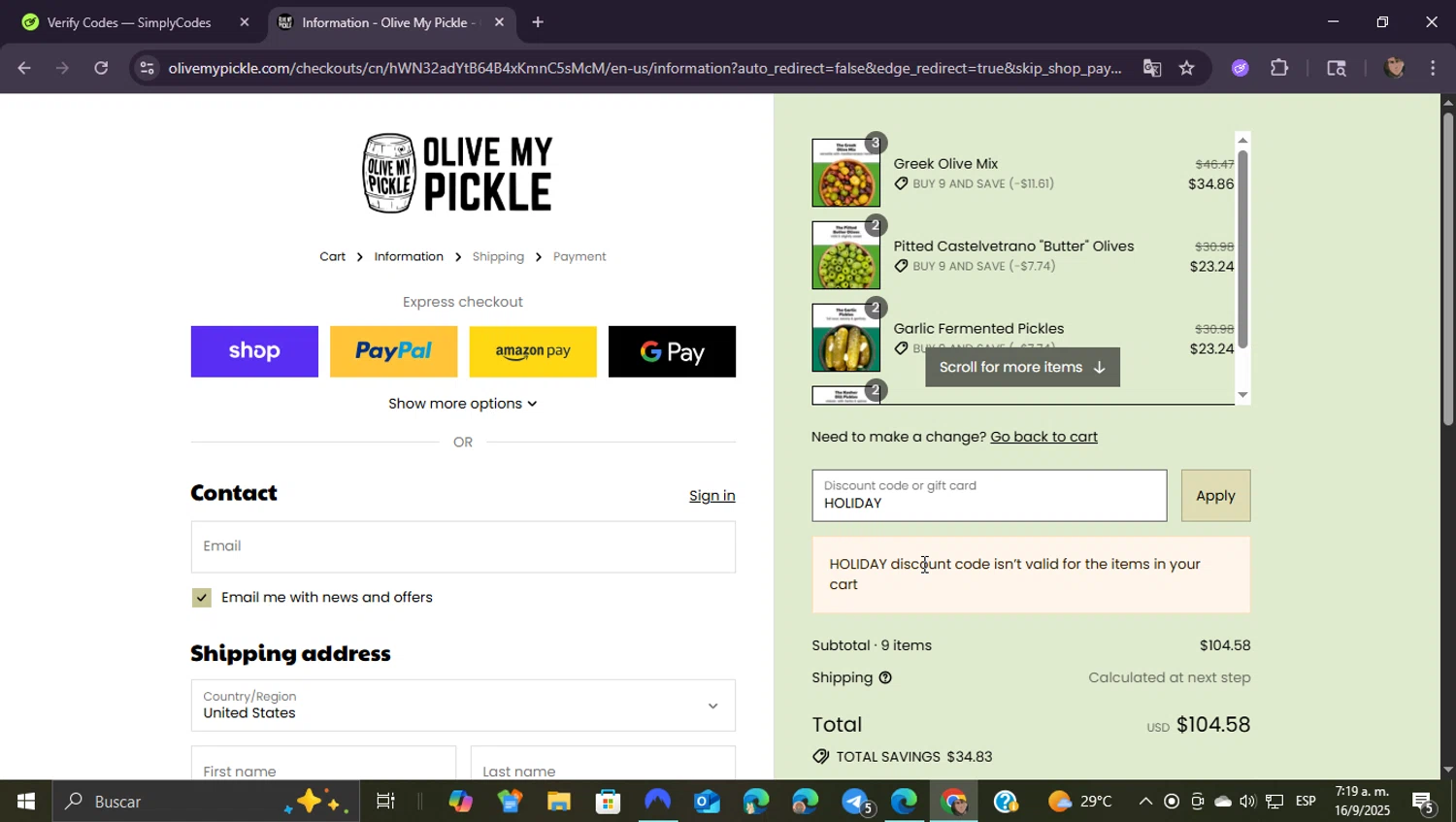 Olive My Pickle discount code screenshot showing code HOLIDAY applied at Olive My Pickle checkout page. Uploaded by SimplyCodes community member ShieldEagle9436 on Sep 16, 2025