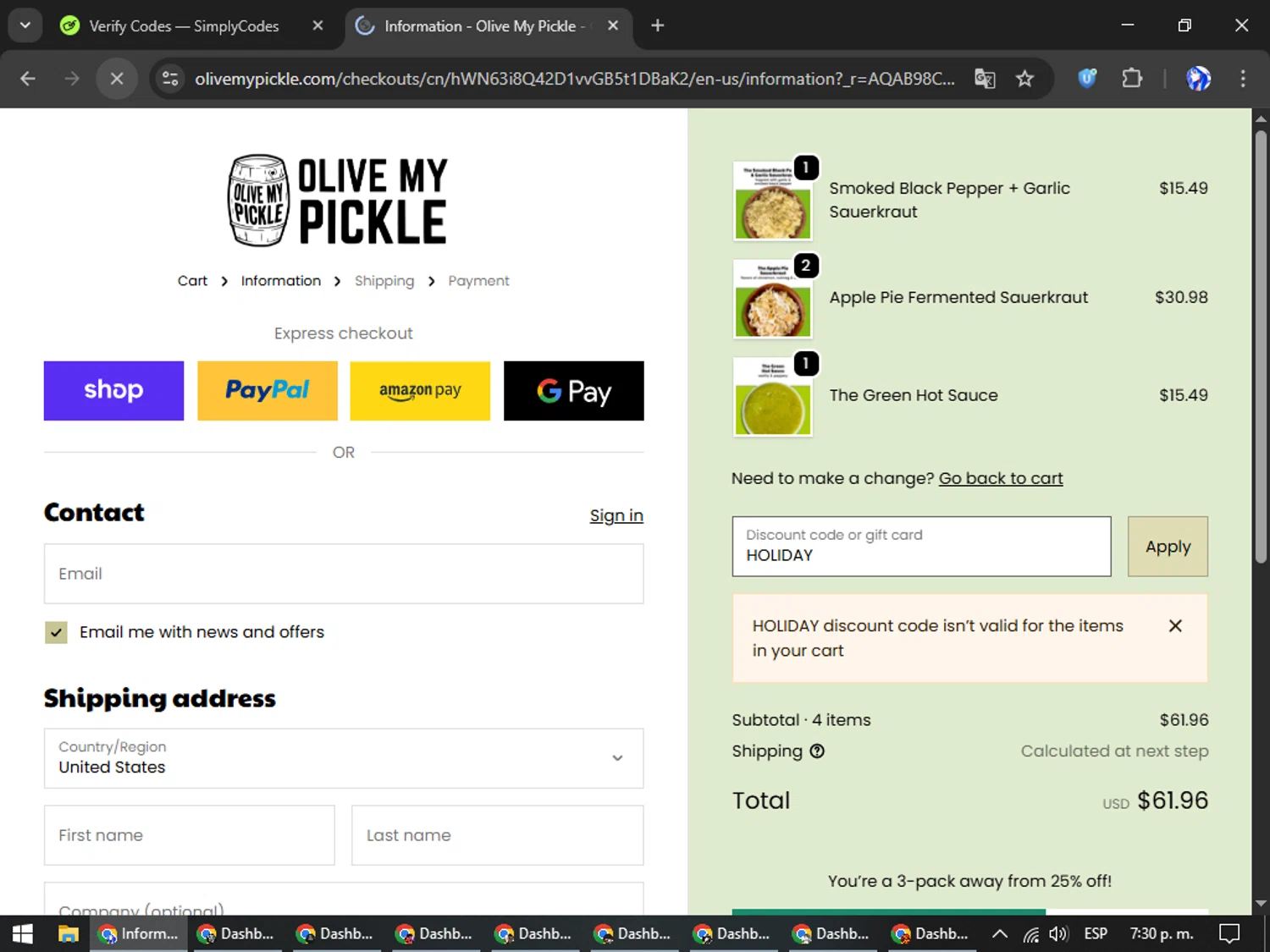 Olive My Pickle discount code screenshot showing code HOLIDAY applied at Olive My Pickle checkout page. Uploaded by SimplyCodes community member WiseHunter8213 on Dec 4, 2025