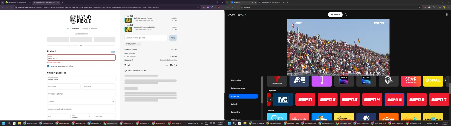 Olive My Pickle discount code screenshot showing code MILITARY10 applied at Olive My Pickle checkout page. Uploaded by SimplyCodes community member BrilliantSaver7516 on Jun 15, 2025