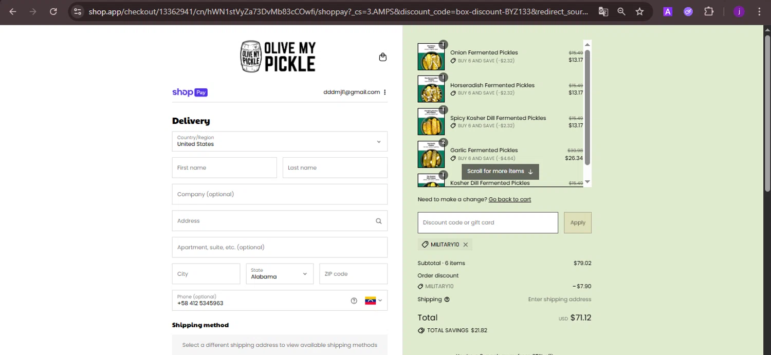 Olive My Pickle discount code screenshot showing code MILITARY10 applied at Olive My Pickle checkout page. Uploaded by SimplyCodes community member CoinMaverick1452 on Aug 17, 2025
