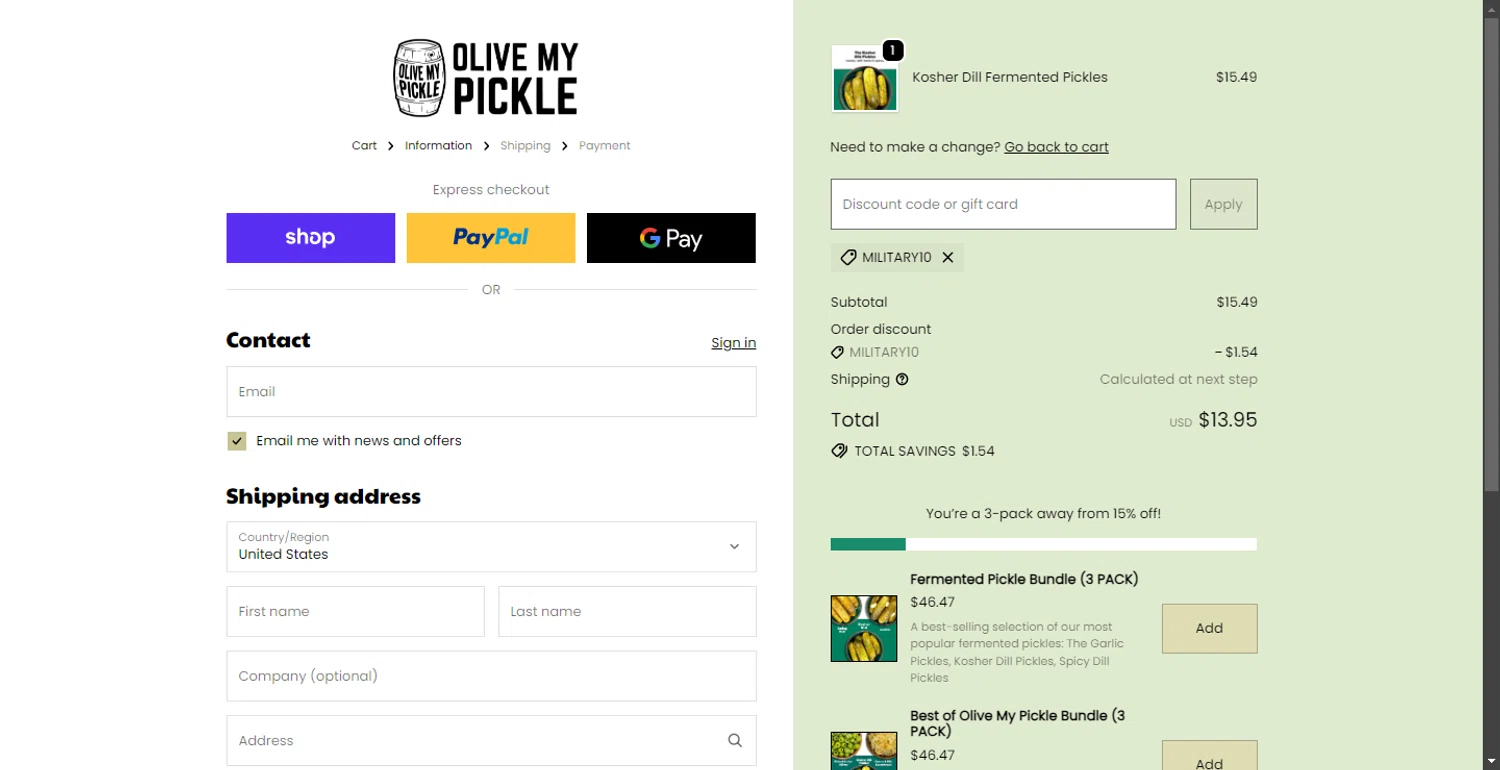 Olive My Pickle discount code screenshot showing code MILITARY10 applied at Olive My Pickle checkout page. Uploaded by SimplyCodes community member SavvyHawk1474 on Dec 4, 2025
