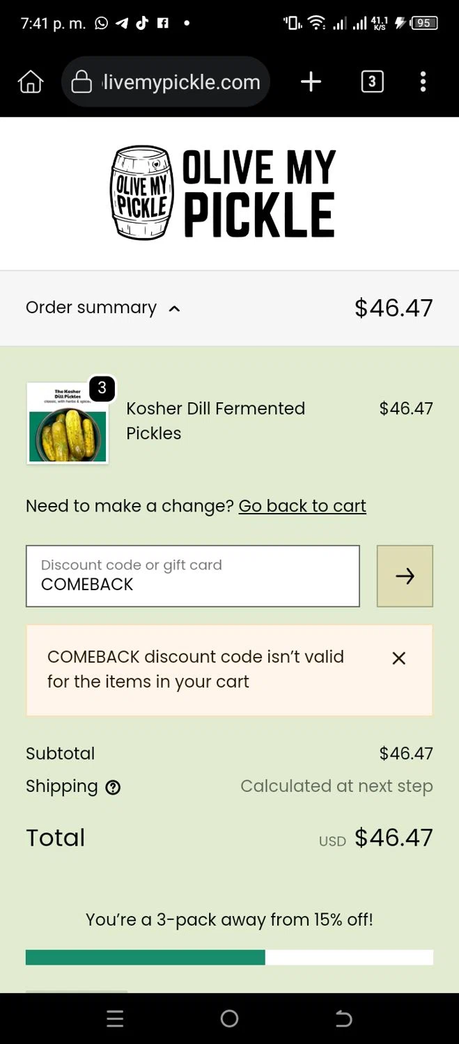 Olive My Pickle discount code screenshot showing code COMEBACK applied at Olive My Pickle checkout page. Uploaded by SimplyCodes community member CleverSleuth6613 on Dec 4, 2025