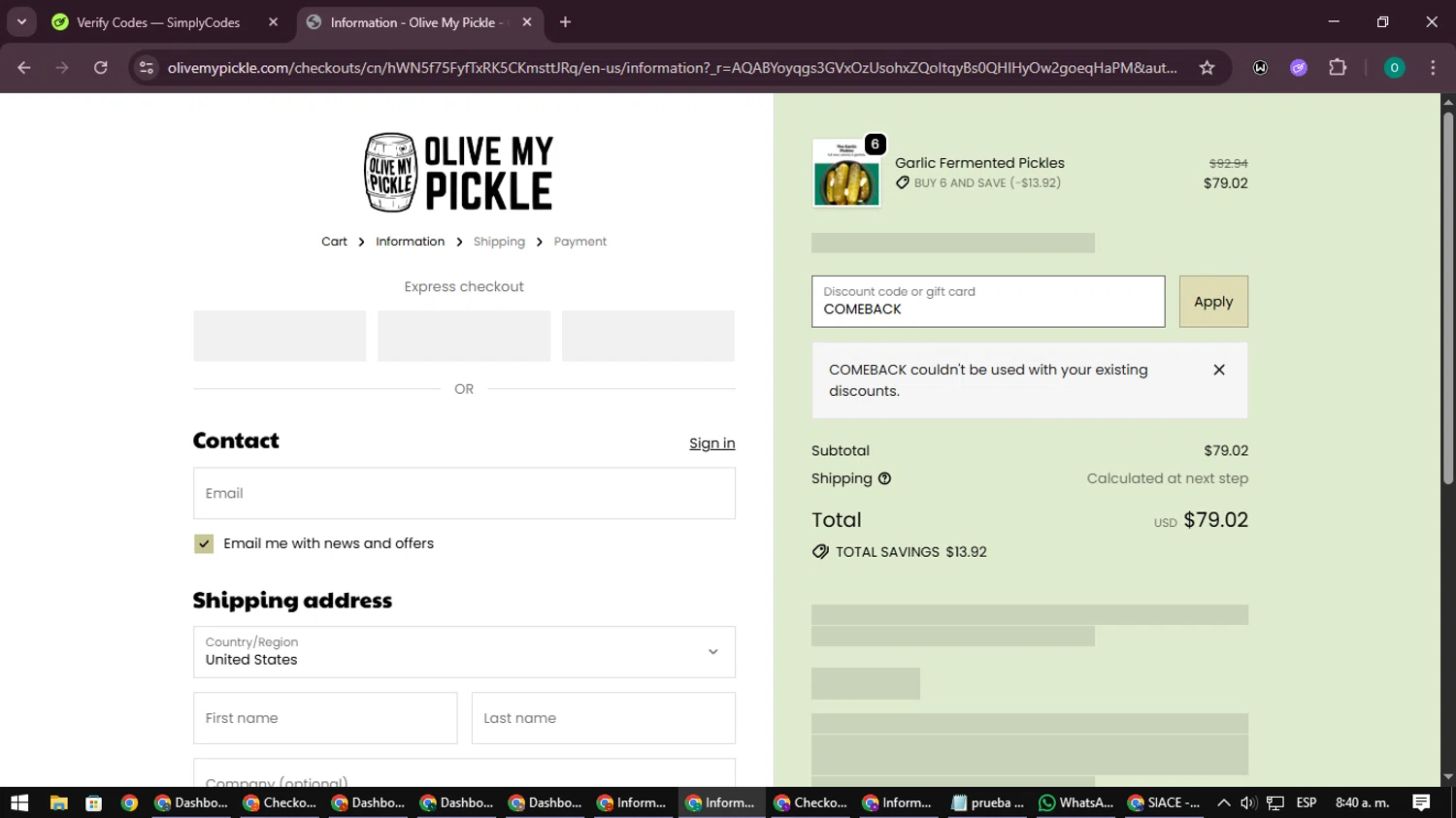 Olive My Pickle discount code screenshot showing code COMEBACK applied at Olive My Pickle checkout page. Uploaded by SimplyCodes community member LuckyDefender9428 on Nov 24, 2025
