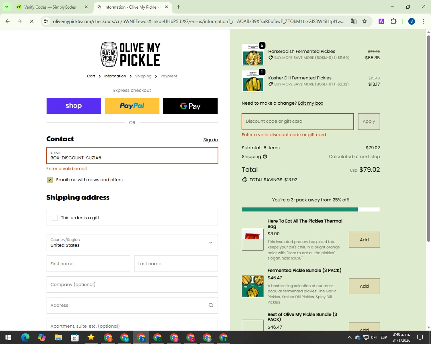 Olive My Pickle discount code screenshot showing code BOX-DISCOUNT-SUZ1A5 applied at Olive My Pickle checkout page. Uploaded by SimplyCodes community member 00000007 on Jan 31, 2026