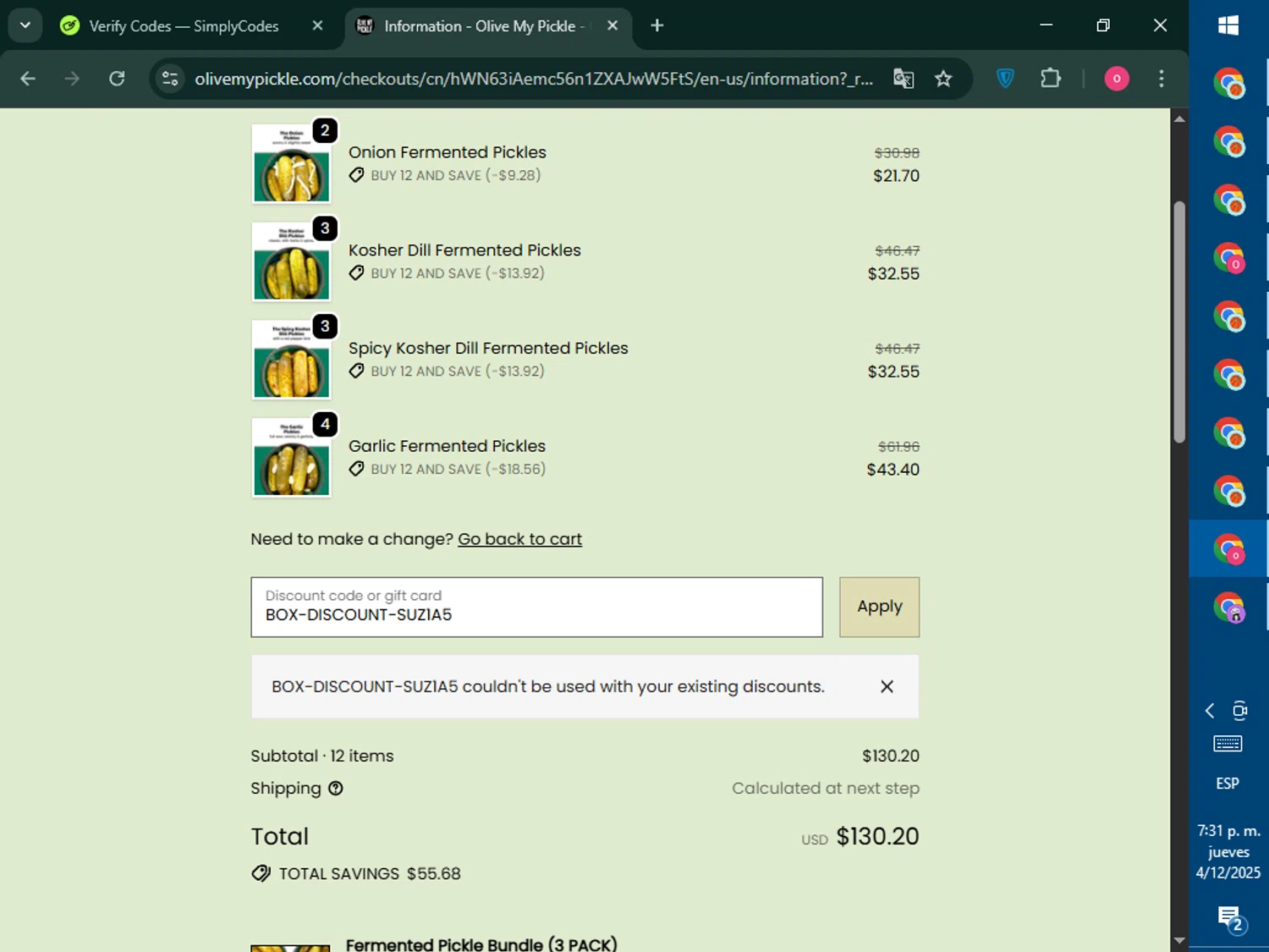 Olive My Pickle discount code screenshot showing code BOX-DISCOUNT-SUZ1A5 applied at Olive My Pickle checkout page. Uploaded by SimplyCodes community member RebateNavigator926 on Dec 4, 2025