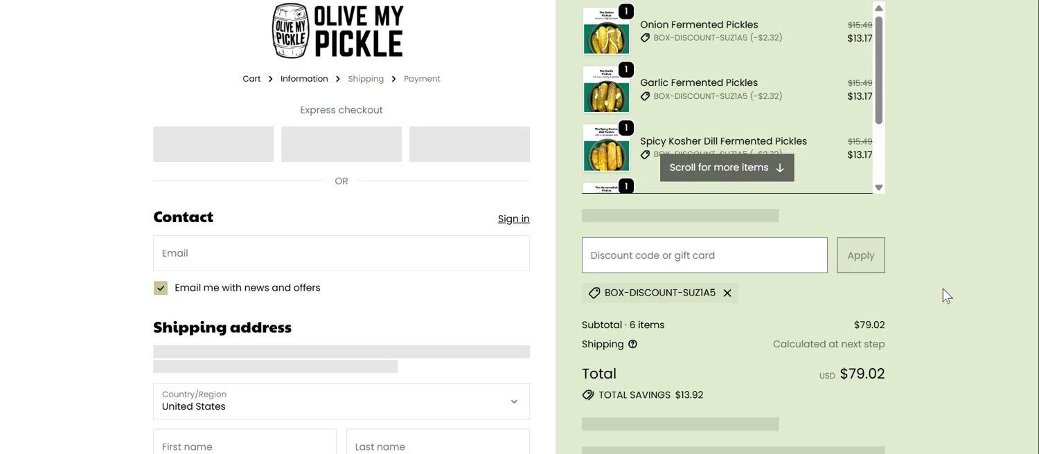 Olive My Pickle discount code screenshot showing code BOX-DISCOUNT-SUZ1A5 applied at Olive My Pickle checkout page. Uploaded by SimplyCodes community member jenifer on Dec 16, 2025