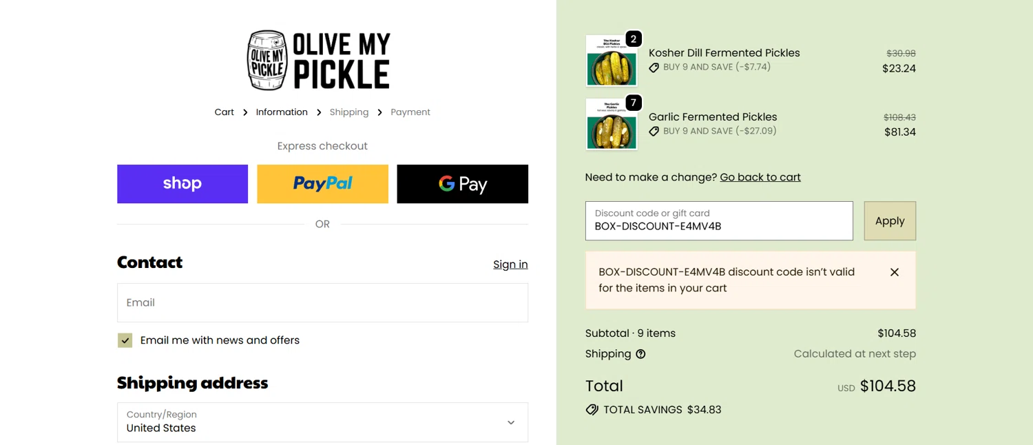 Olive My Pickle discount code screenshot showing code BOX-DISCOUNT-E4MV4B applied at Olive My Pickle checkout page. Uploaded by SimplyCodes community member Dorothy on Nov 4, 2025