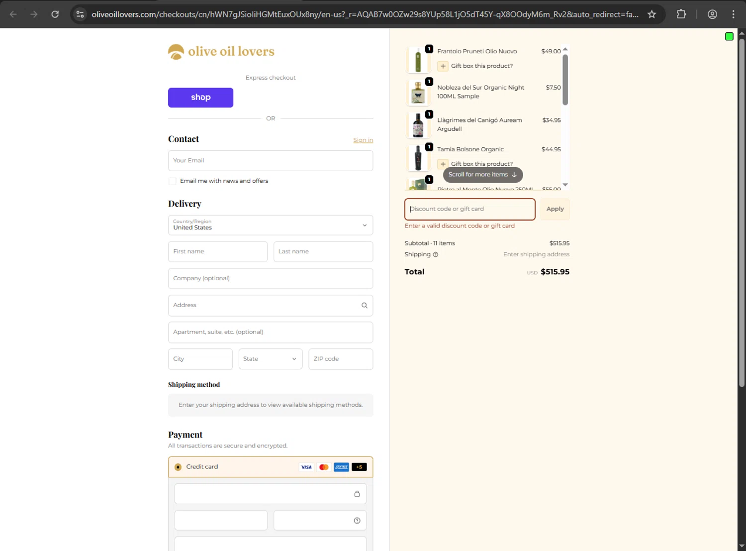 Olive Oil Lovers promo code screenshot showing code AUSTIN20 applied at Olive Oil Lovers checkout page. Uploaded by SimplyCodes community member megagei on Jan 16, 2026