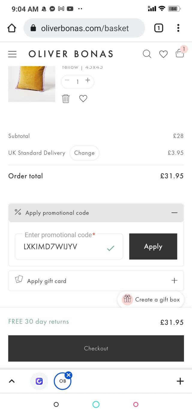 Oliver Bonas checkout page showing Oliver Bonas discount code box | Screenshot taken by SimplyCodes community member on Mar 16, 2022