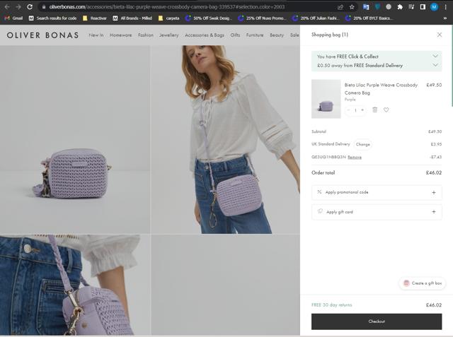 Oliver Bonas checkout page showing Oliver Bonas discount code box | Screenshot taken by SimplyCodes community member on Mar 30, 2022