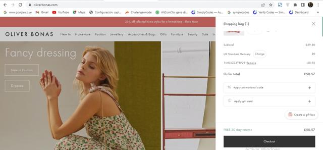 Oliver Bonas checkout page showing Oliver Bonas discount code box | Screenshot taken by SimplyCodes community member on Apr 28, 2022