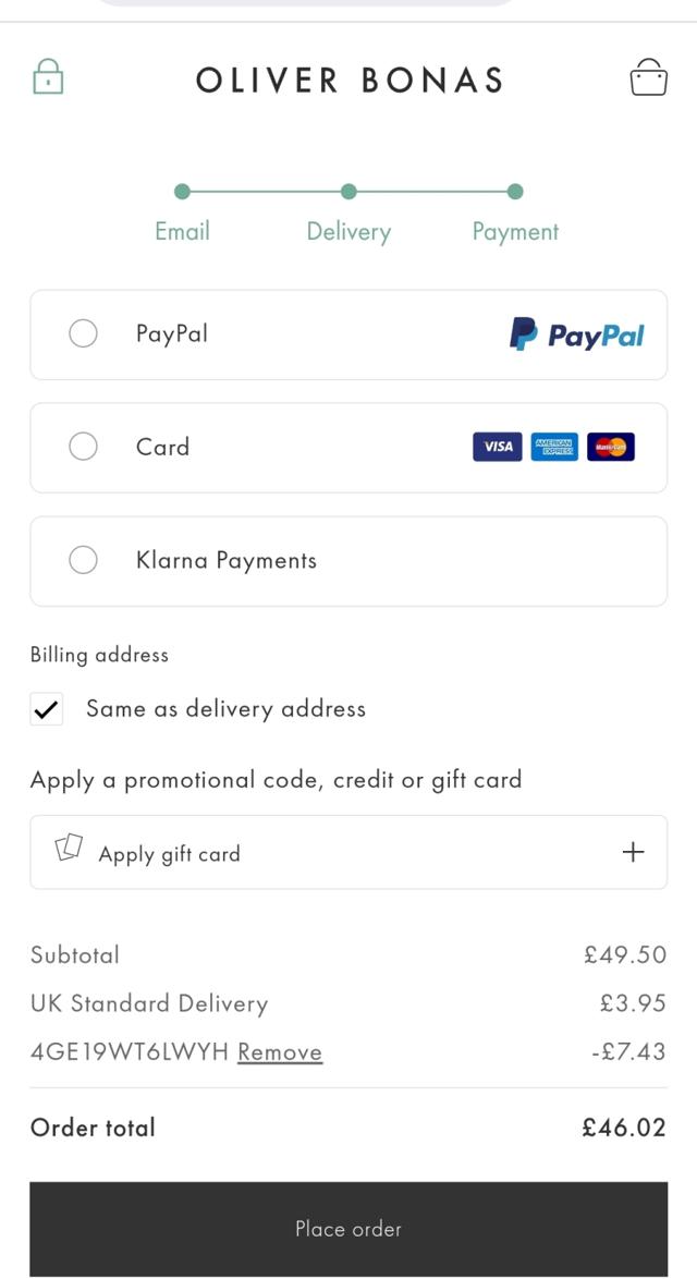 Oliver Bonas checkout page showing Oliver Bonas discount code box | Screenshot taken by SimplyCodes community member on May 29, 2022