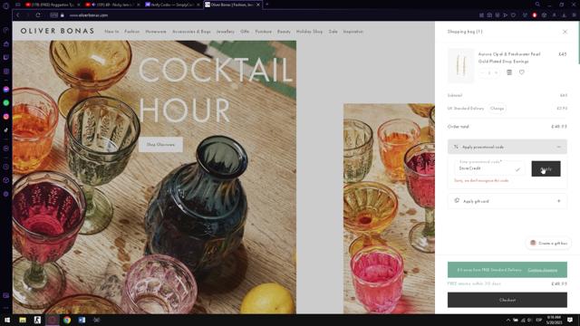 Oliver Bonas checkout page showing Oliver Bonas discount code box | Screenshot taken by SimplyCodes community member on May 20, 2023