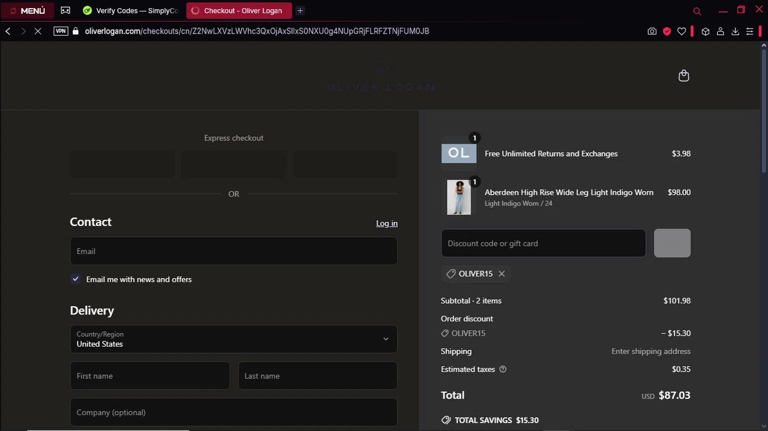 Oliver Logan discount code screenshot showing code OLIVER15 applied at Oliver Logan checkout page. Uploaded by SimplyCodes community member CorrectorDeCupones on Apr 4, 2025