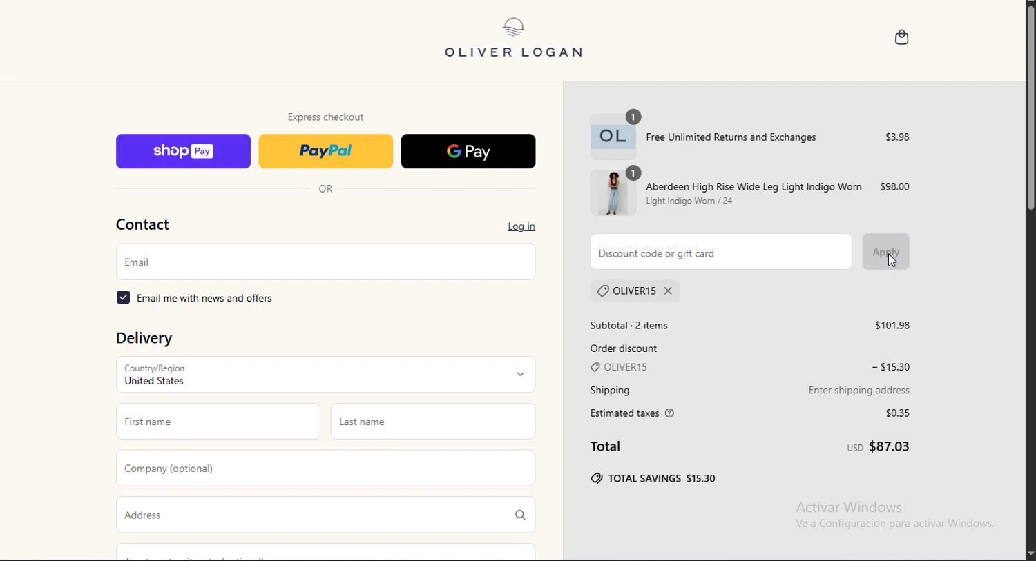 Oliver Logan discount code screenshot showing code OLIVER15 applied at Oliver Logan checkout page. Uploaded by SimplyCodes community member Puta_madre10 on Apr 17, 2025
