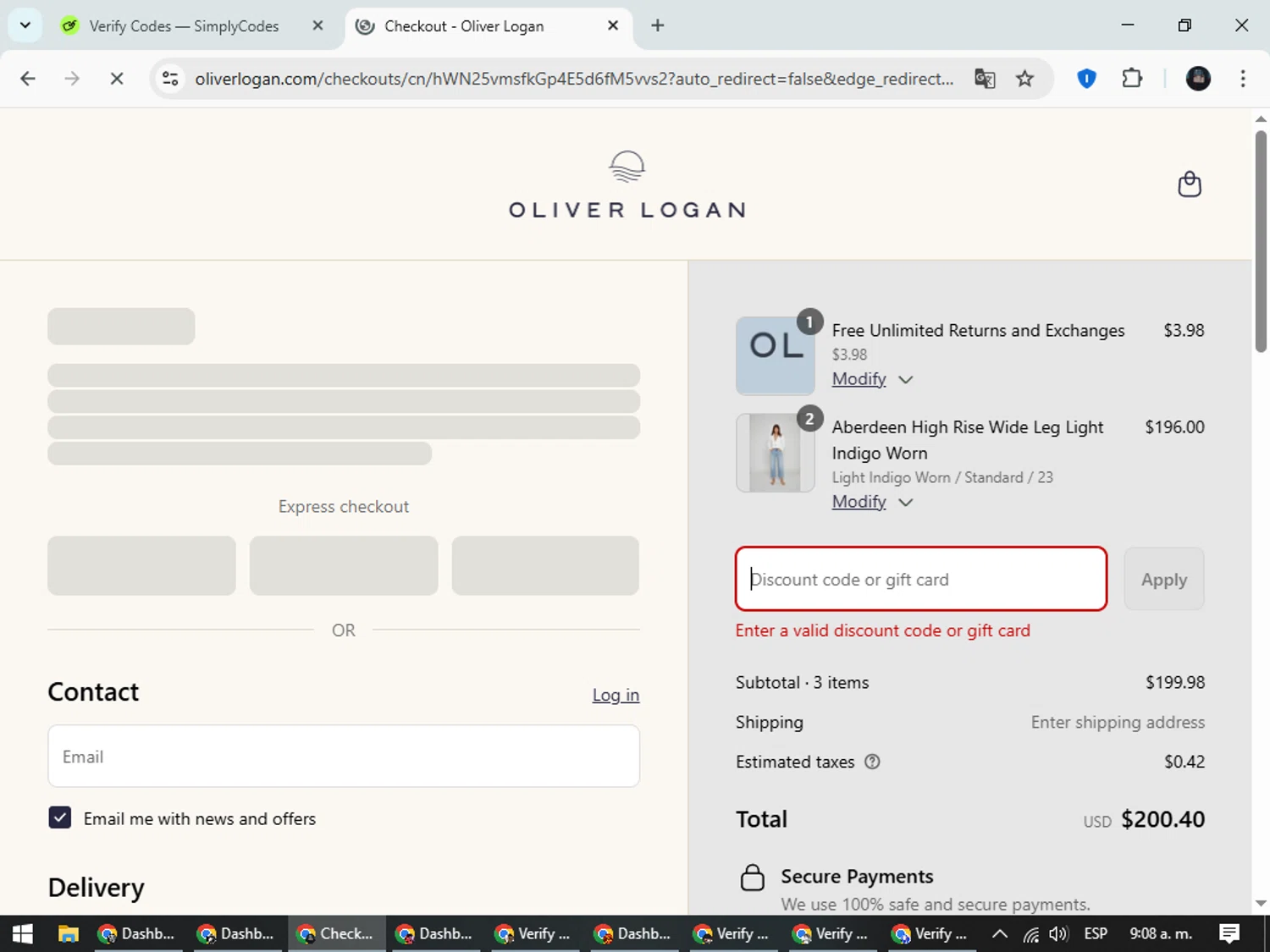 Oliver Logan discount code screenshot showing code WC20OFF applied at Oliver Logan checkout page. Uploaded by SimplyCodes community member ValueElite5945 on Aug 22, 2025