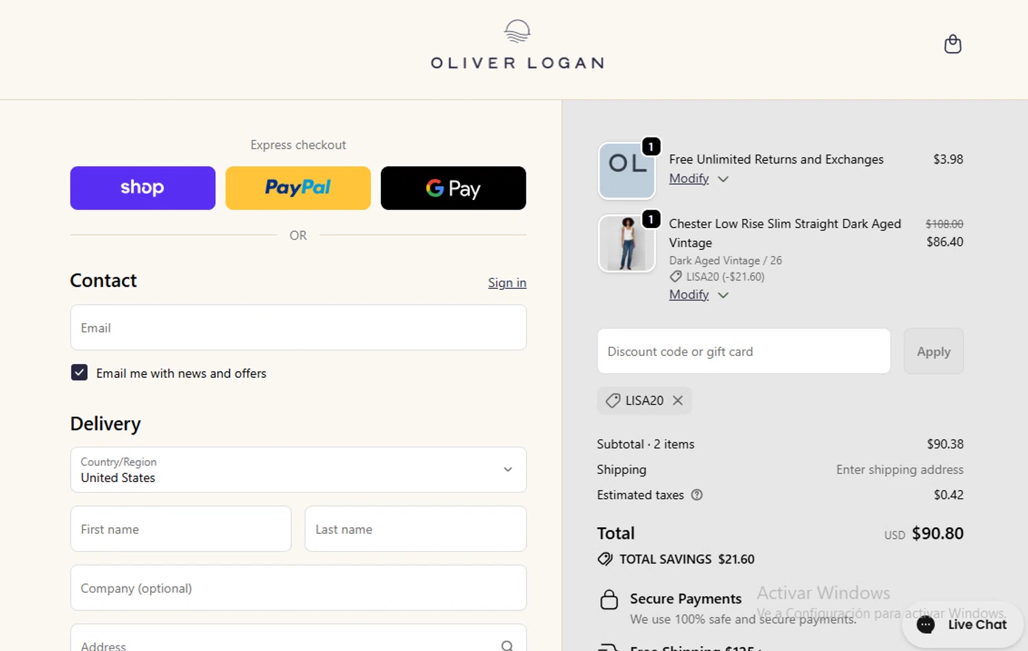 Oliver Logan discount code screenshot showing code LISA20 applied at Oliver Logan checkout page. Uploaded by SimplyCodes community member Lestara_23 on Oct 14, 2025