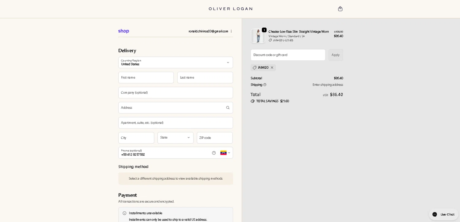 Oliver Logan discount code screenshot showing code JAIMI20 applied at Oliver Logan checkout page. Uploaded by SimplyCodes community member BaelorTargaryen on Dec 10, 2025
