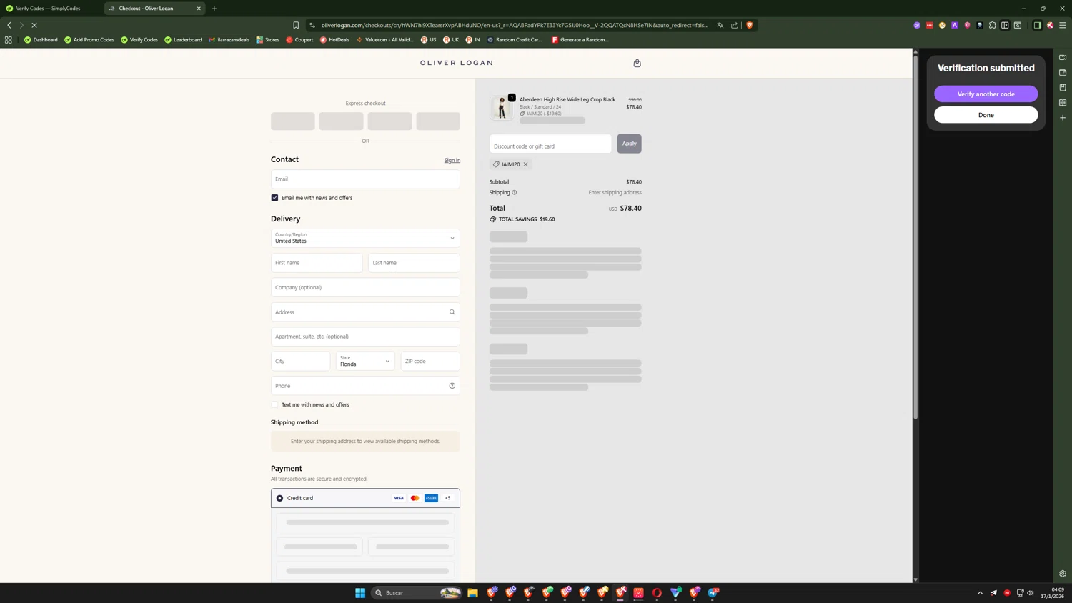 Oliver Logan discount code screenshot showing code JAIMI20 applied at Oliver Logan checkout page. Uploaded by SimplyCodes community member IronMind4607 on Jan 17, 2026