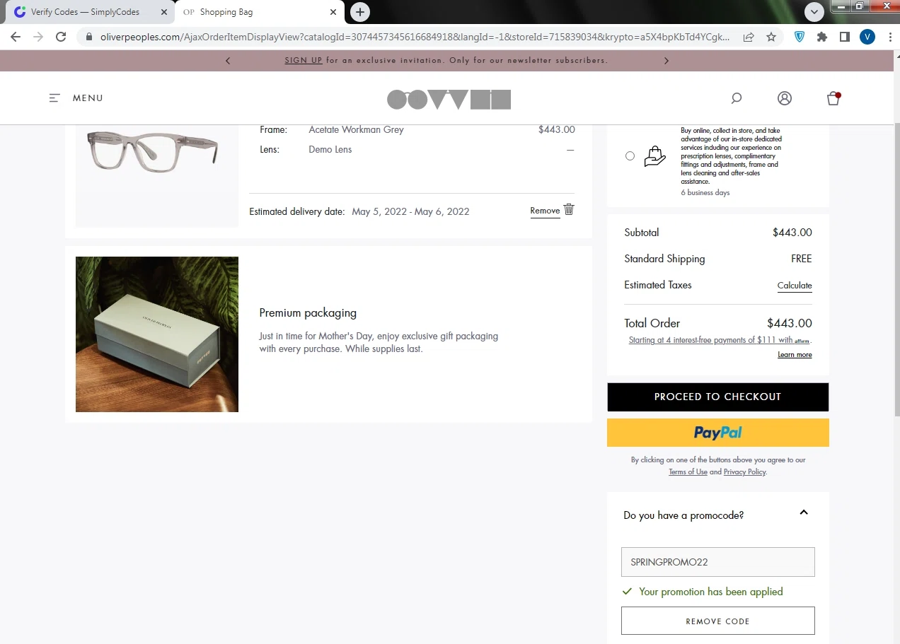 Oliver Peoples checkout page showing Oliver Peoples promo code box | Screenshot taken by SimplyCodes community member on Apr 29, 2022