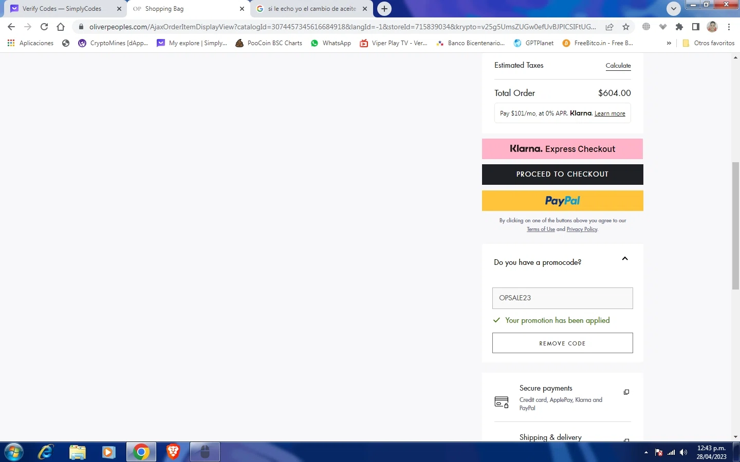 Oliver Peoples checkout page showing Oliver Peoples promo code box | Screenshot taken by SimplyCodes community member on Apr 28, 2023