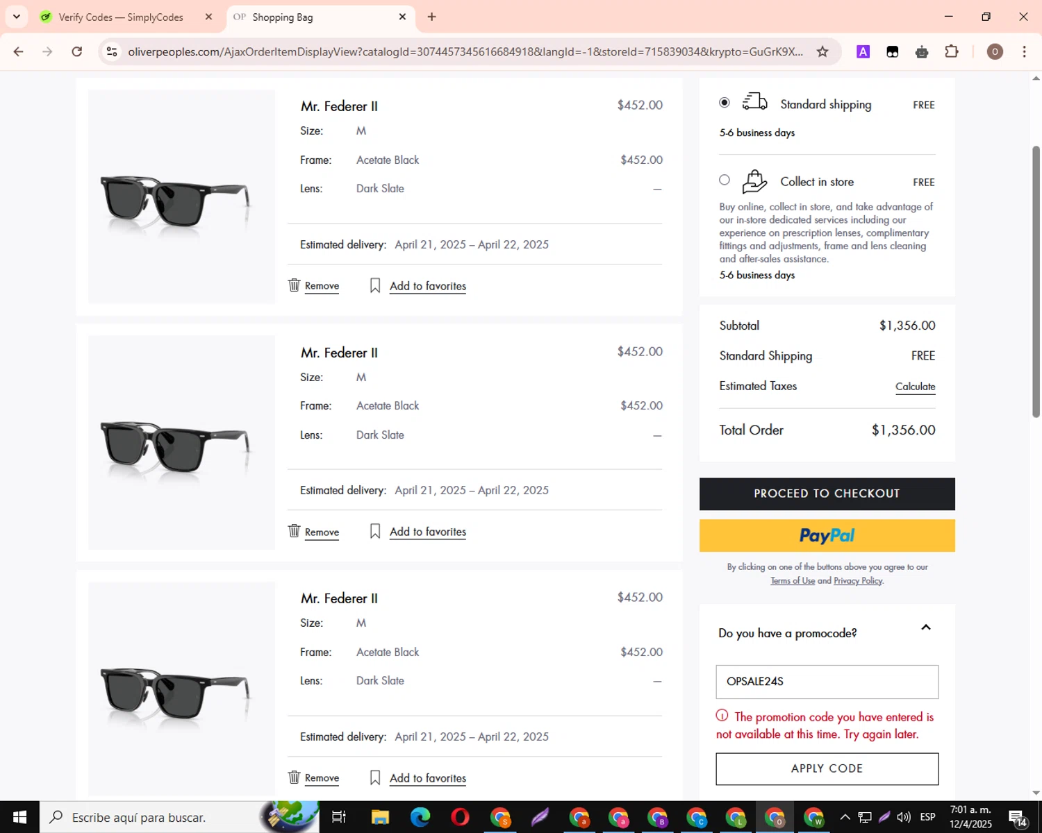 Oliver Peoples promo code screenshot showing code OPSALE24S applied at Oliver Peoples checkout page. Uploaded by SimplyCodes community member PromoHero8877 on Apr 12, 2025