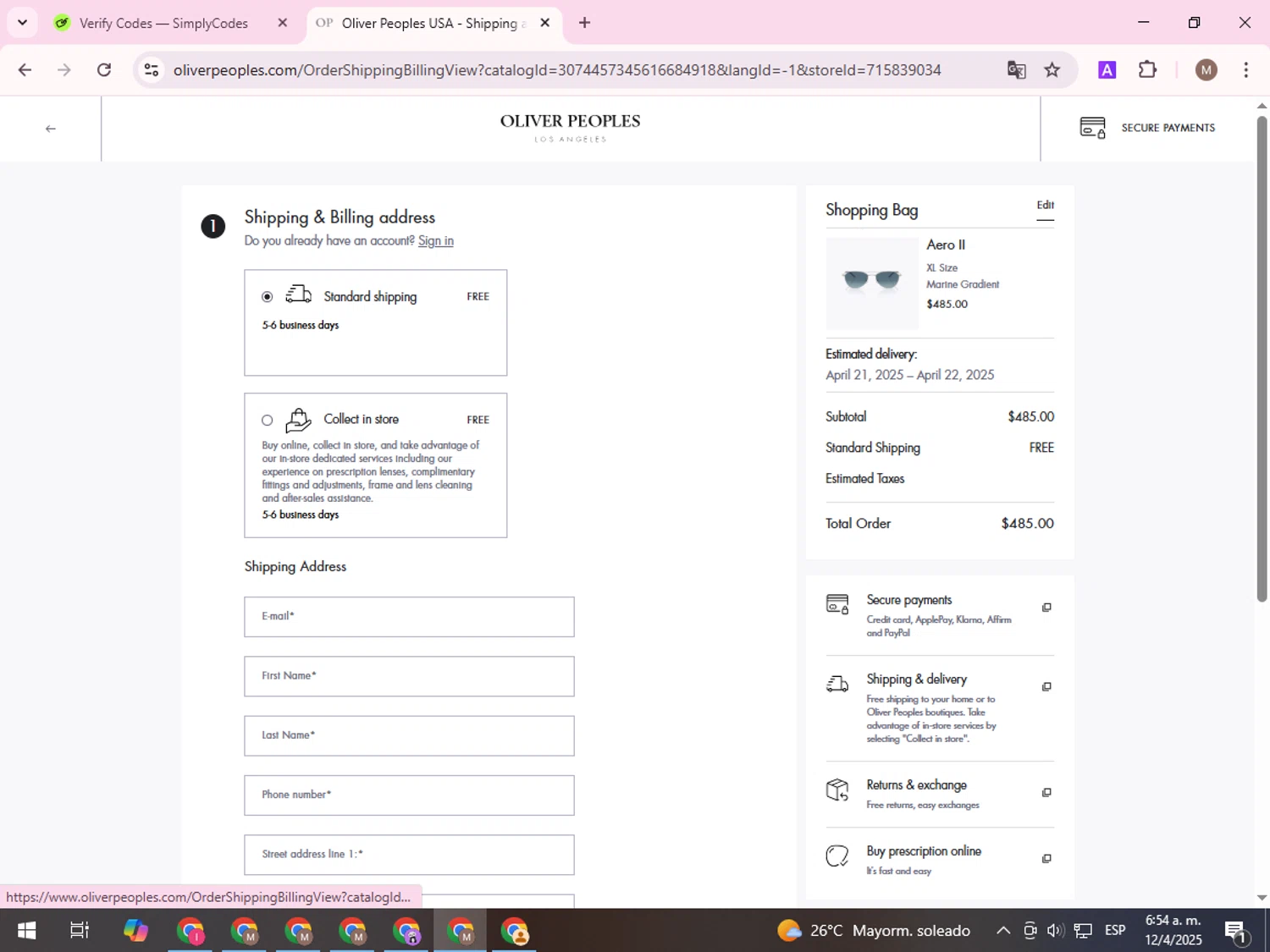 Oliver Peoples promo code screenshot showing code OPSALE24S applied at Oliver Peoples checkout page. Uploaded by SimplyCodes community member ShieldDefender9117 on Apr 12, 2025