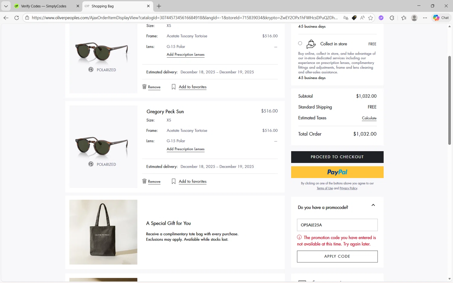 Oliver Peoples promo code screenshot showing code OPSALE25A applied at Oliver Peoples checkout page. Uploaded by SimplyCodes community member juanx1702 on Dec 12, 2025