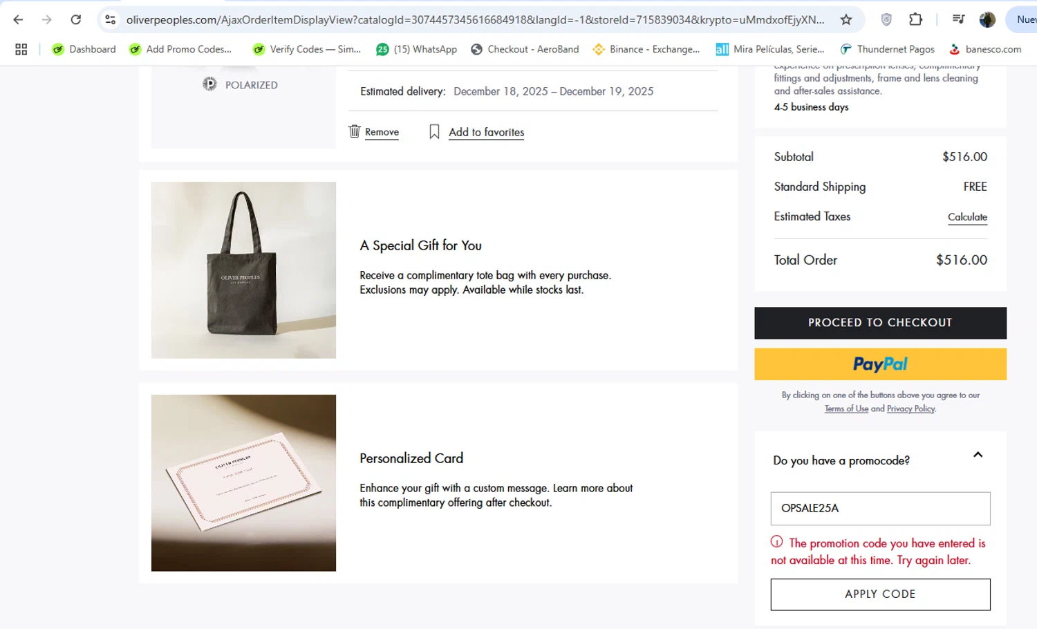 Oliver Peoples promo code screenshot showing code OPSALE25A applied at Oliver Peoples checkout page. Uploaded by SimplyCodes community member yeresojperez on Dec 12, 2025