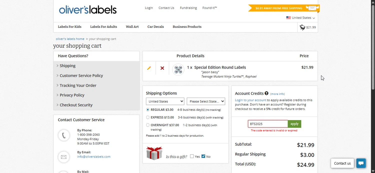 Oliver's Labels promo code screenshot showing code BTS2025 applied at Oliver's Labels checkout page. Uploaded by SimplyCodes community member Prospecto on Sep 26, 2025