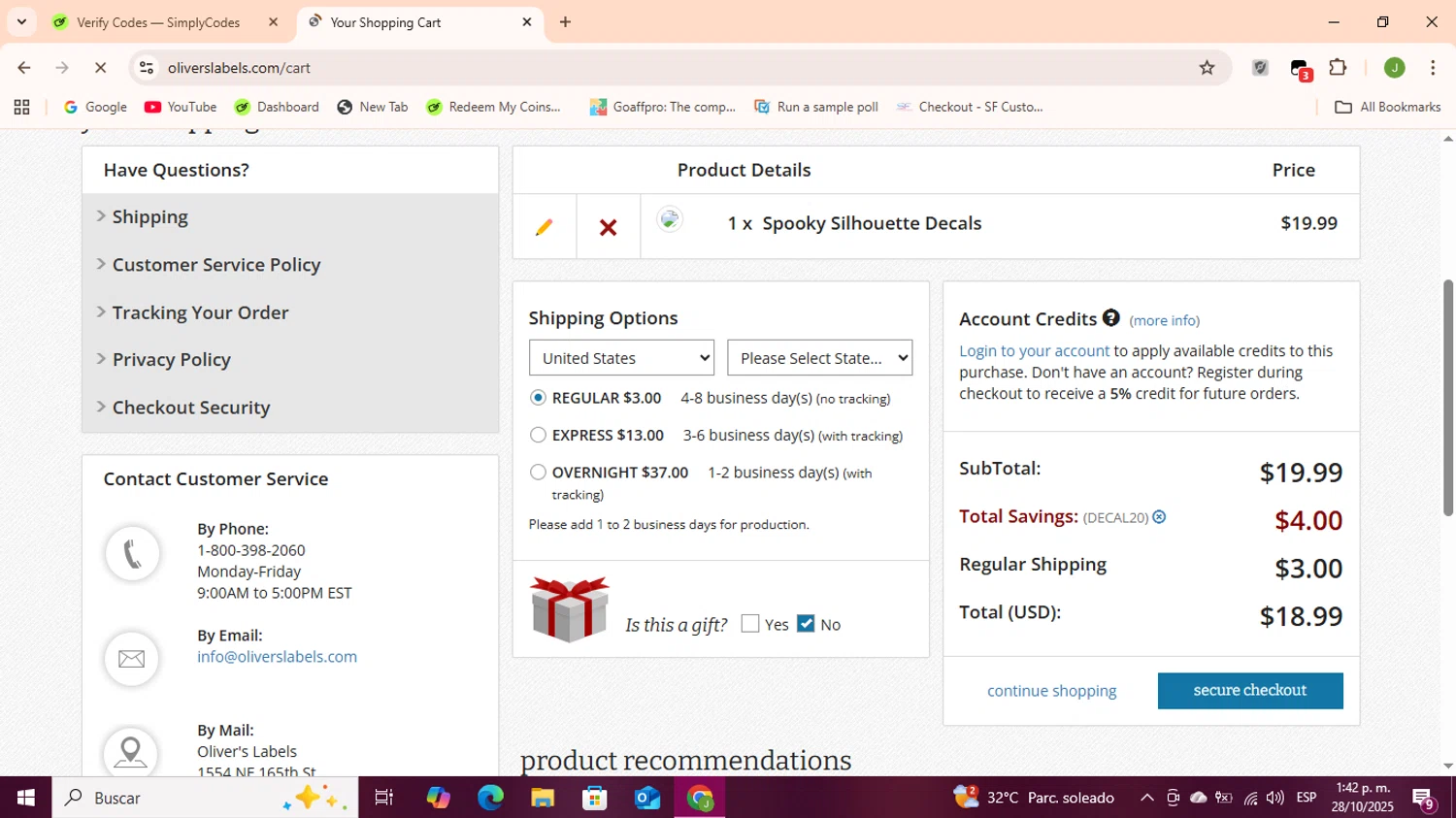 Oliver's Labels promo code screenshot showing code DECAL20 applied at Oliver's Labels checkout page. Uploaded by SimplyCodes community member Sukuna_ on Oct 28, 2025