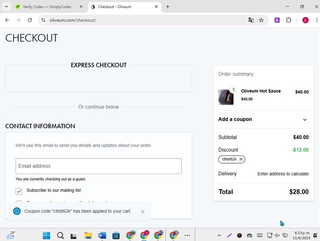 Oliveum checkout page showing Oliveum promo code box | Screenshot taken by SimplyCodes community member on Jun 15, 2025