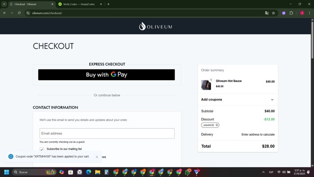Oliveum checkout page showing Oliveum promo code box | Screenshot taken by SimplyCodes community member on Aug 17, 2025
