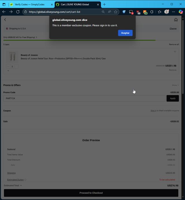 OLIVE YOUNG Global checkout page showing OLIVE YOUNG Global promo code box | Screenshot taken by SimplyCodes community member on Sep 10, 2025