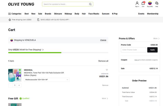 OLIVE YOUNG Global checkout page showing OLIVE YOUNG Global promo code box | Screenshot taken by SimplyCodes community member on Sep 10, 2025