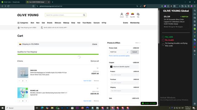 OLIVE YOUNG Global checkout page showing OLIVE YOUNG Global promo code box | Screenshot taken by SimplyCodes community member on Sep 10, 2025