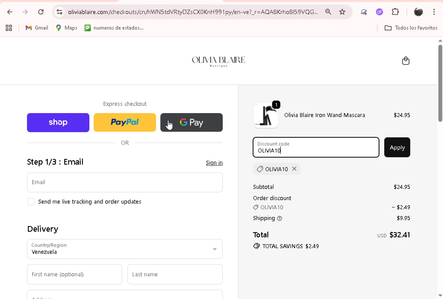 Olivia Blaire discount code screenshot showing code OLIVIA10 applied at Olivia Blaire checkout page. Uploaded by SimplyCodes community member adrianvasquez1 on Nov 30, 2025