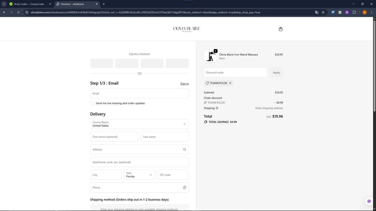 Olivia Blaire checkout page showing Olivia Blaire discount code box | Screenshot taken by SimplyCodes community member on Jan 26, 2026