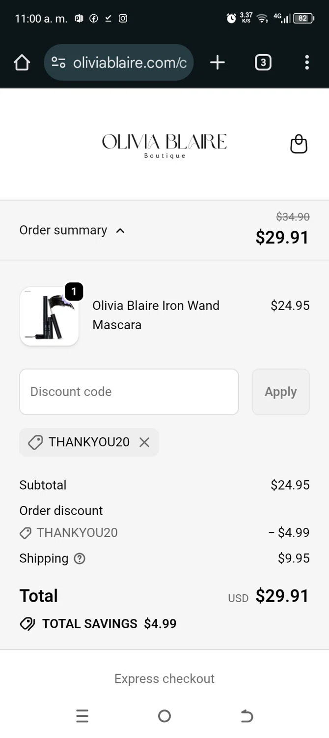 Olivia Blaire discount code screenshot showing code THANKYOU20 applied at Olivia Blaire checkout page. Uploaded by SimplyCodes community member TokenAce5969 on Nov 29, 2025