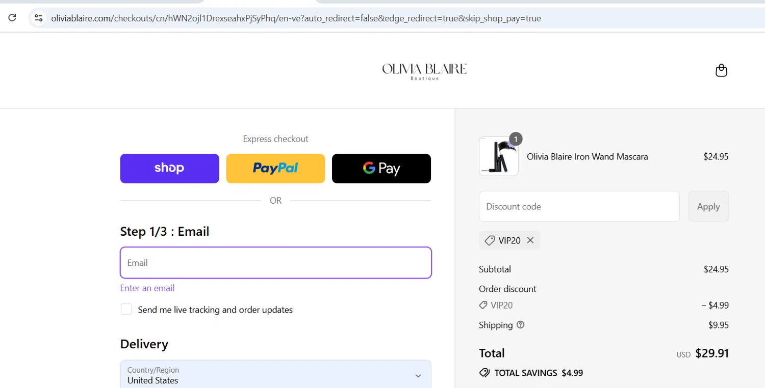 Olivia Blaire discount code screenshot showing code VIP20 applied at Olivia Blaire checkout page. Uploaded by SimplyCodes community member vida5254427716958 on Sep 10, 2025