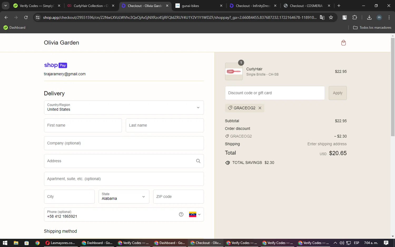 Olivia Garden checkout page showing Olivia Garden discount code box | Screenshot taken by SimplyCodes community member on Jul 28, 2024