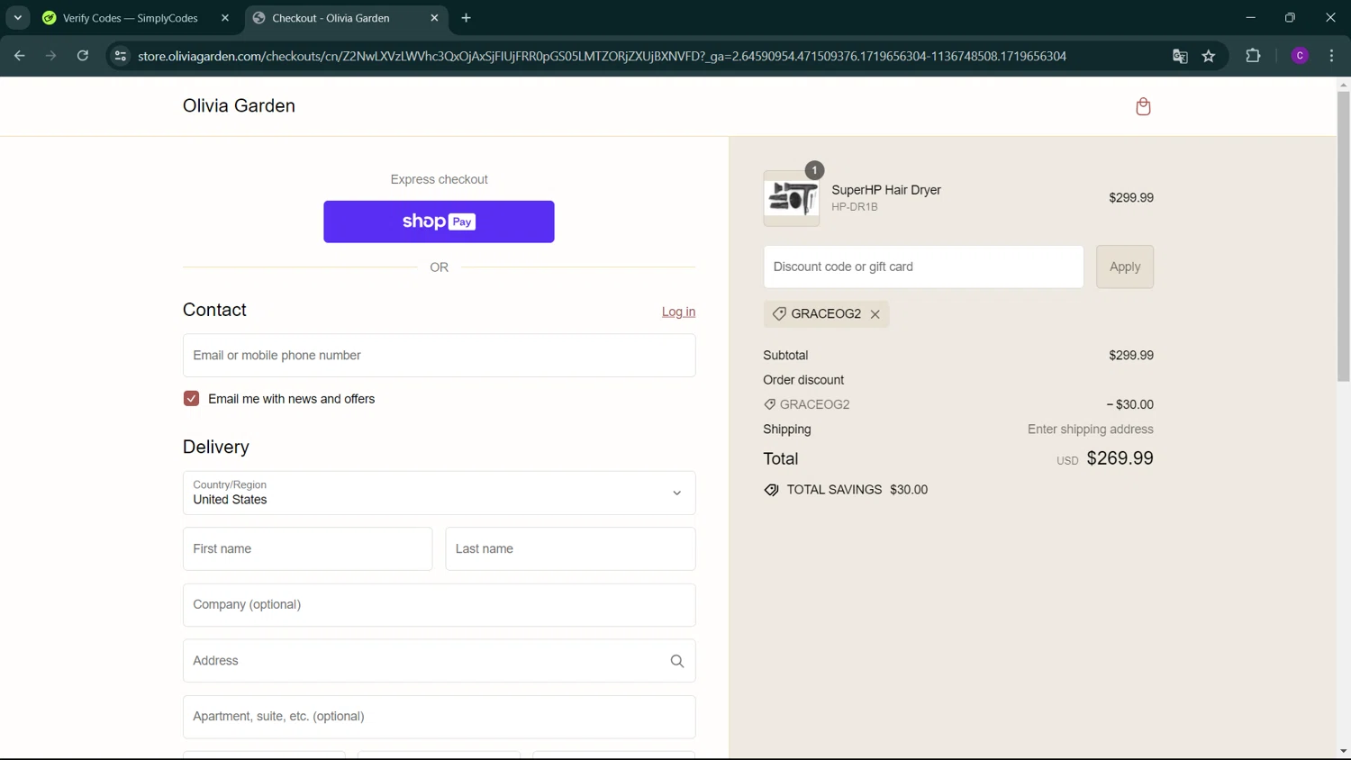 Olivia Garden checkout page showing Olivia Garden discount code box | Screenshot taken by SimplyCodes community member on Jun 29, 2024
