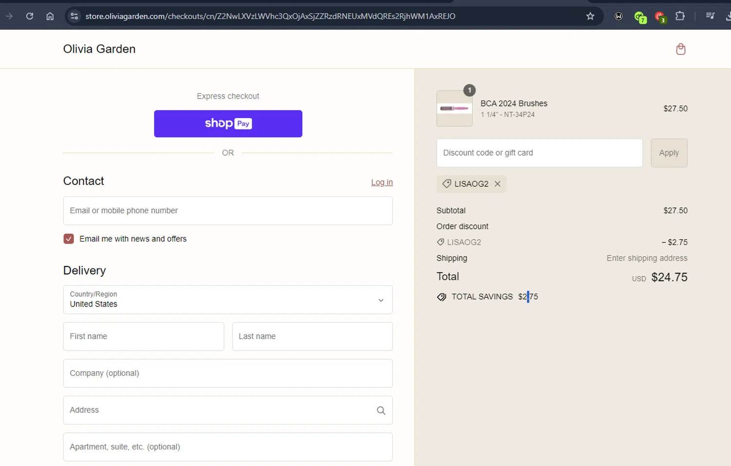 Olivia Garden checkout page showing Olivia Garden discount code box | Screenshot taken by SimplyCodes community member on Sep 4, 2024