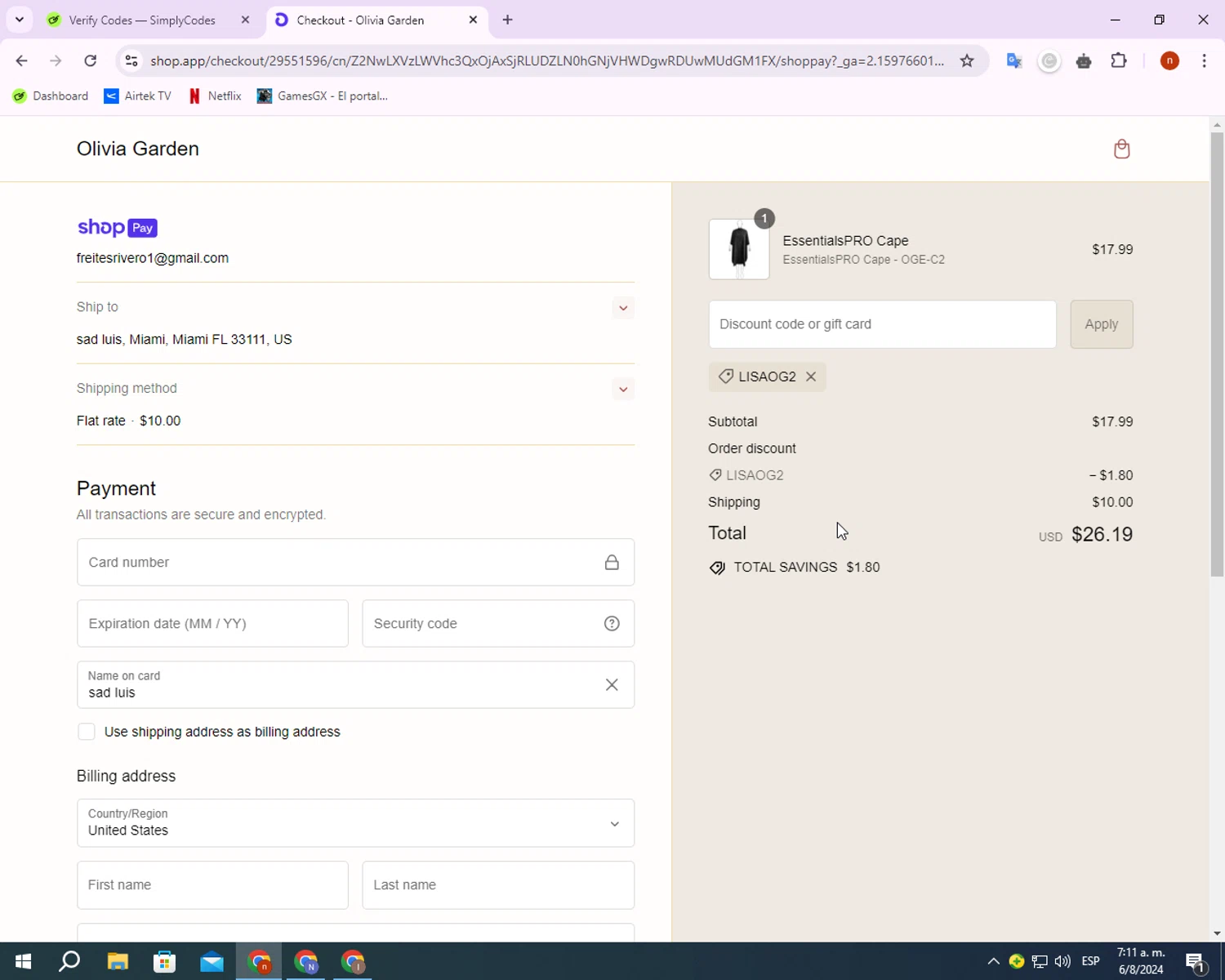 Olivia Garden checkout page showing Olivia Garden discount code box | Screenshot taken by SimplyCodes community member on Aug 6, 2024