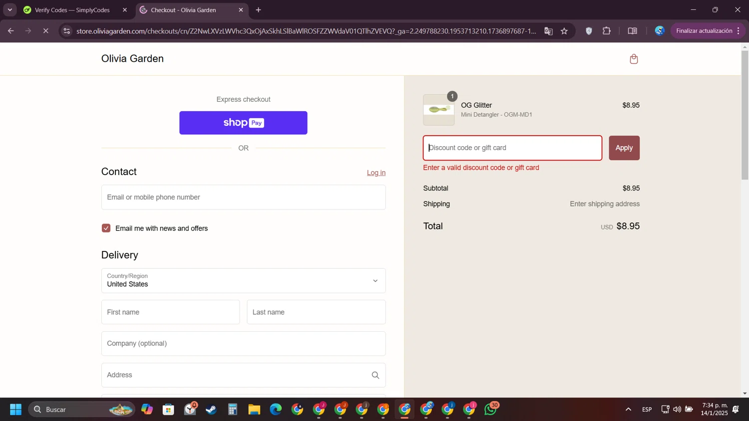 Olivia Garden discount code screenshot showing code Amandaog2 applied at Olivia Garden checkout page. Uploaded by SimplyCodes community member VictoriousPioneer4638 on Jan 14, 2025