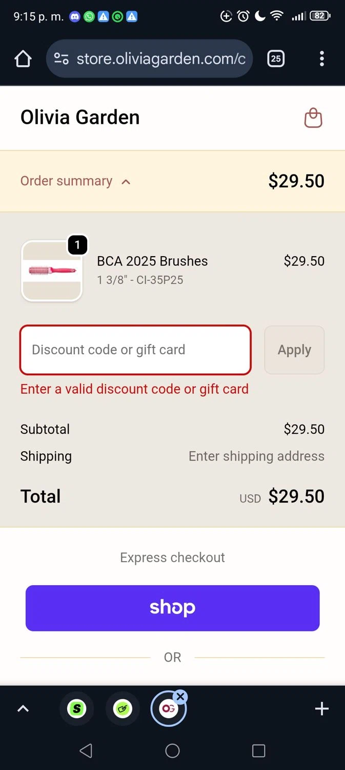 Olivia Garden discount code screenshot showing code Jessicaog2 applied at Olivia Garden checkout page. Uploaded by SimplyCodes community member George09 on Oct 22, 2025
