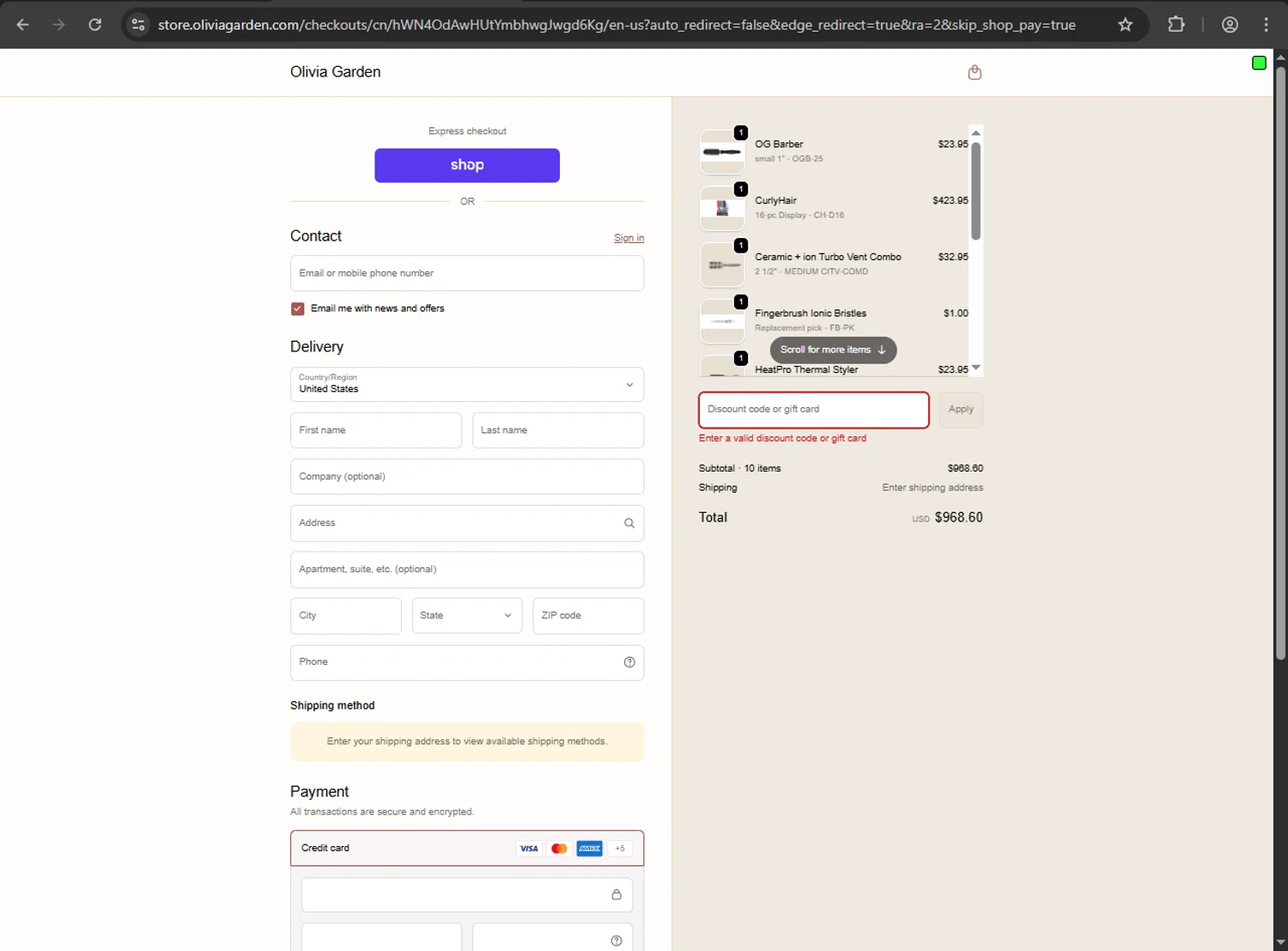 Olivia Garden discount code screenshot showing code Jessicaog2 applied at Olivia Garden checkout page. Uploaded by SimplyCodes community member QuestScholar1789 on Oct 22, 2025