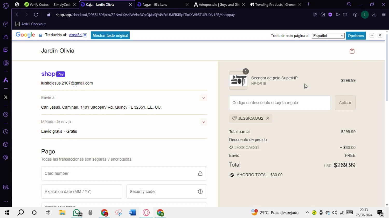 Olivia Garden checkout page showing Olivia Garden discount code box | Screenshot taken by SimplyCodes community member on Aug 27, 2024