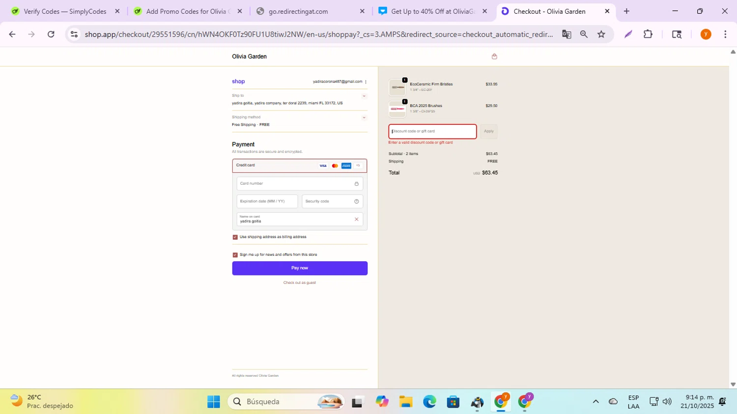 Olivia Garden discount code screenshot showing code JESSICAOG2 applied at Olivia Garden checkout page. Uploaded by SimplyCodes community member ycg487 on Oct 22, 2025